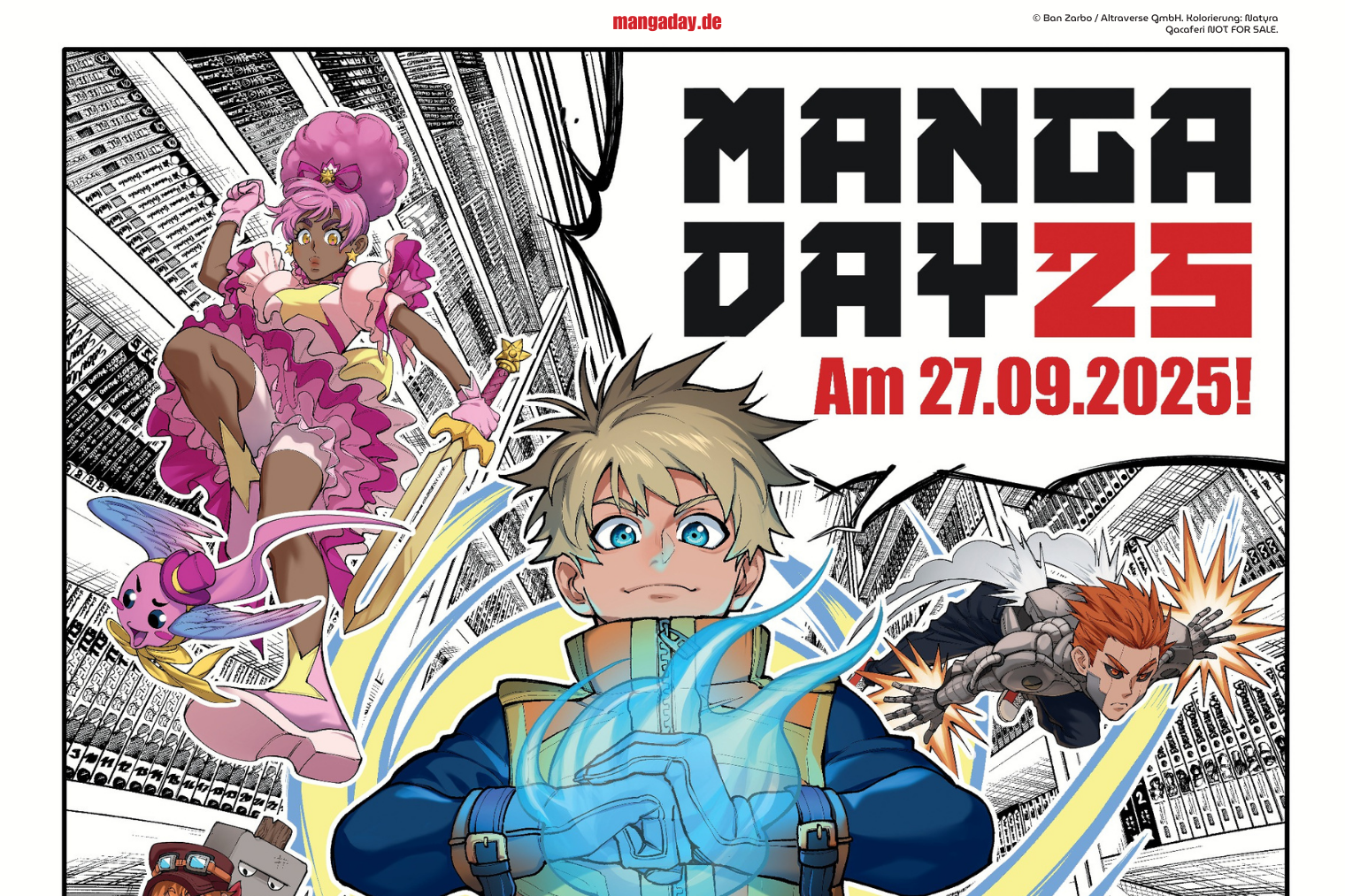 Das Bild zeigt die obere Hälfte des Veranstaltungsposters. Darauf sind verschiedene Mangafiguren zu sehen sowie die Aufschrift" Manga Day 25 - Am 27.09.2025!"