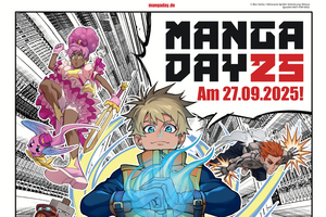 Das Bild zeigt die obere Hälfte des Veranstaltungsposters. Darauf sind verschiedene Mangafiguren zu sehen sowie die Aufschrift" Manga Day 25 - Am 27.09.2025!"