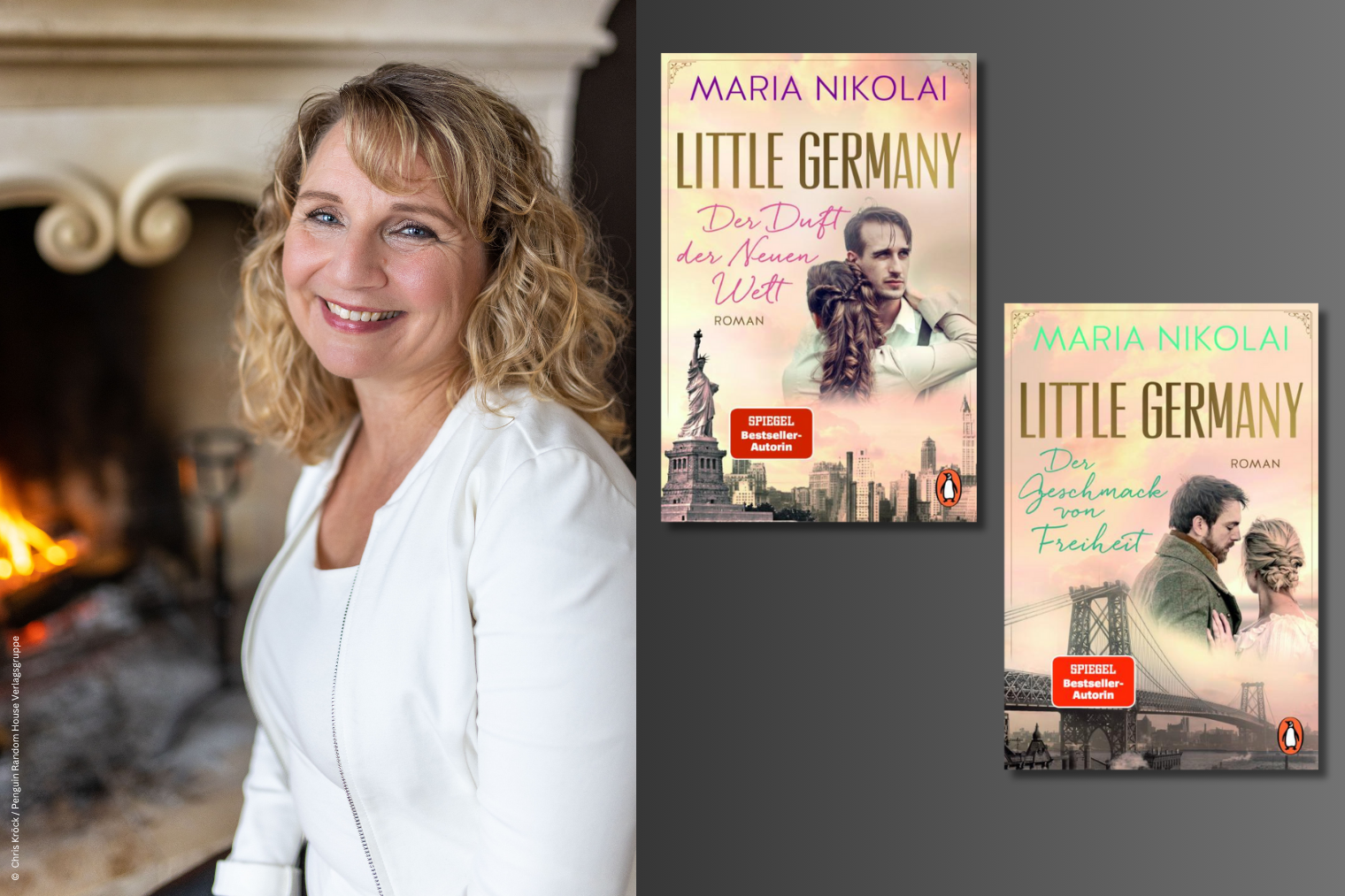 Auf der linken Seite des Bildes ist die Autorin Maria Nikolai zu sehen, die vor einem Kamin sitzt und lächelnd in die Kamera schaut. Auf der linken Hälfte des Bildes sind die beiden Cover ihrer Bücher der Little Germany Reihe auf einem grauen Hintergrund zu sehen.