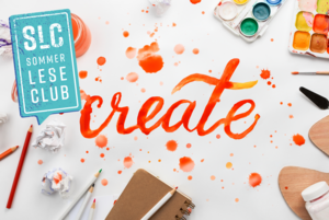 Auf einem weißen Papier ist in orangener Wasserfarbe das Wort "Create" gemalt. Drumherum liegen verschiedene Mal- und Zeichenutensilien.